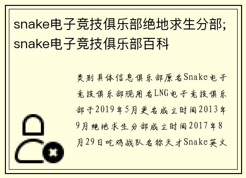 snake电子竞技俱乐部绝地求生分部;snake电子竞技俱乐部百科